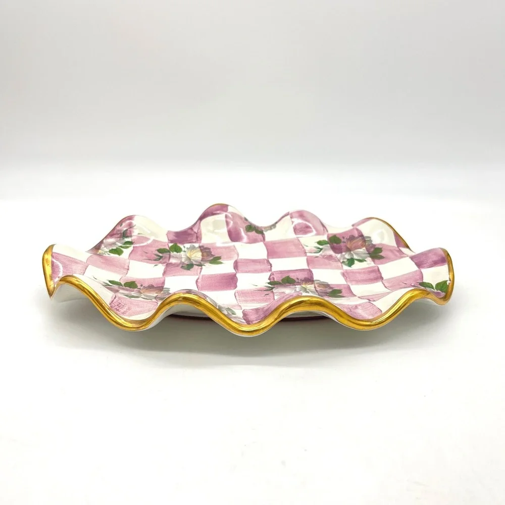 Retired MacKenzie-Childs Rose Petal Salt Pepper‎ Shakers with Tray Pink Floral
